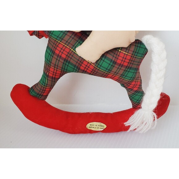Teddy Bear On Rocking Horse Christmas Ornament Cloth Fabric Tartan Plaid Plush - Picture 7 of 8